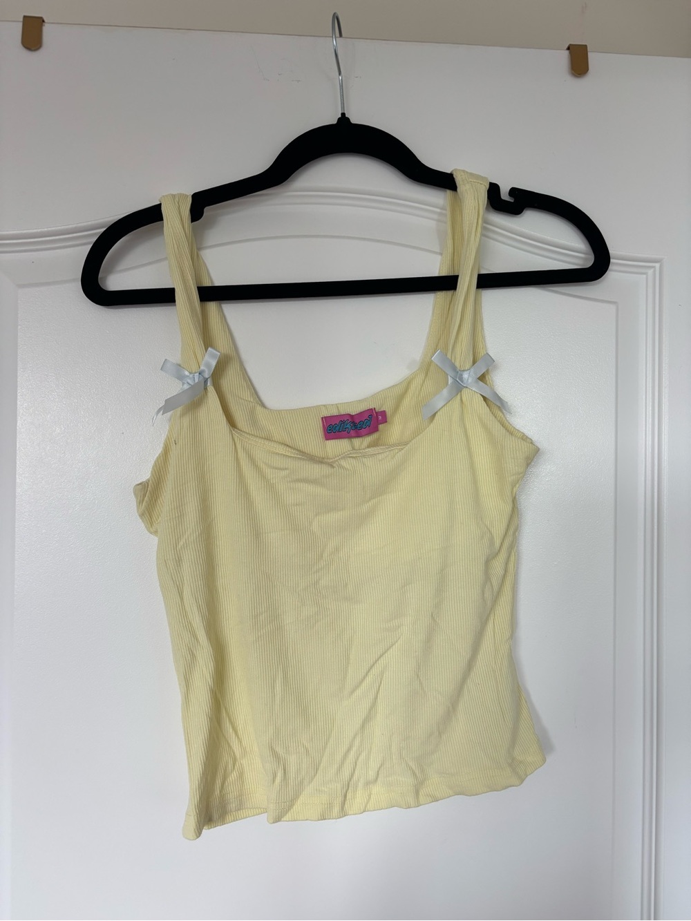 Edikted Pale Yellow Ribbed Tank Top with Bow Straps - Picture 1 of 2